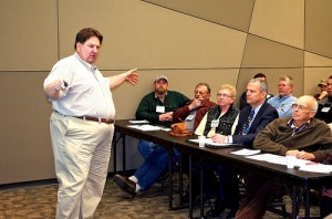 Senior Michigan State University Extension educator Roger Betz makes a point as he presents an educational session on the Farm Bill 